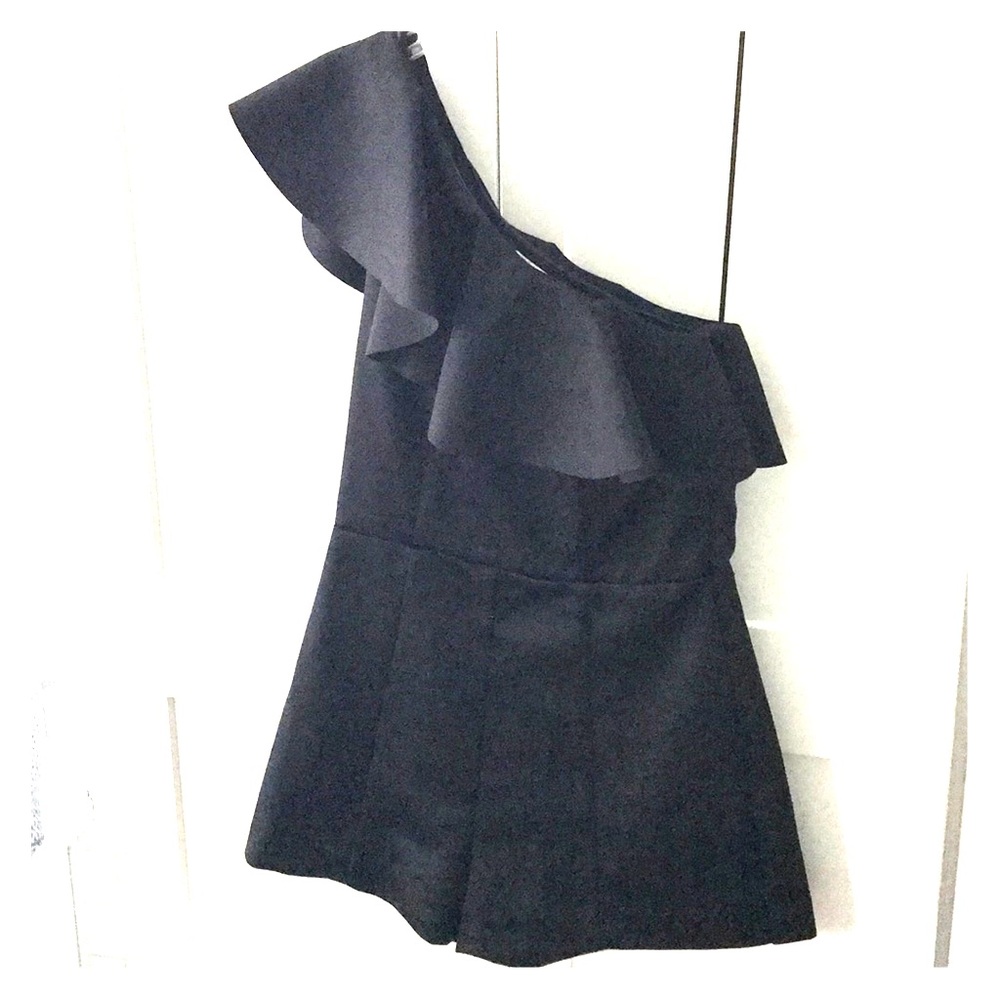 H&M black satin dressy club romper one shoulder